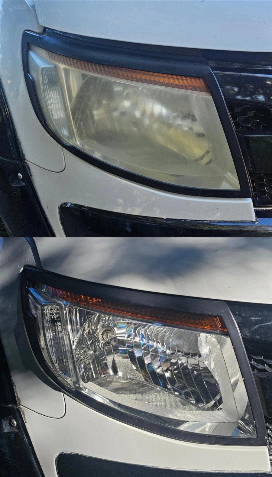 A ute headlight, clouded and yellow before restoration and showing bright chrome afterwards