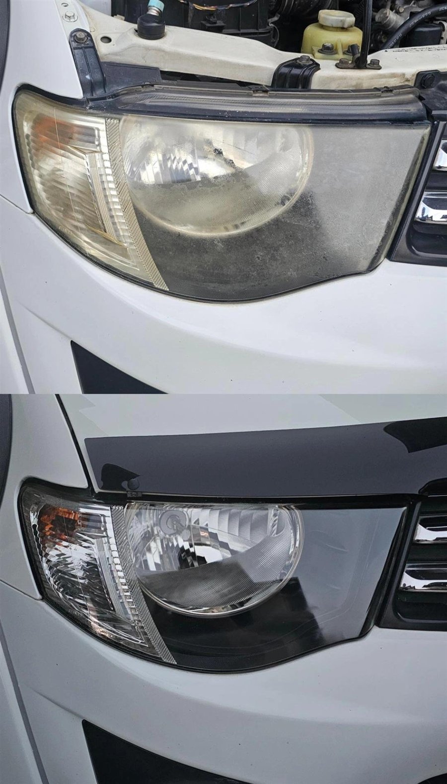 A grimy, hazed van headlight restored to a clean clear finish