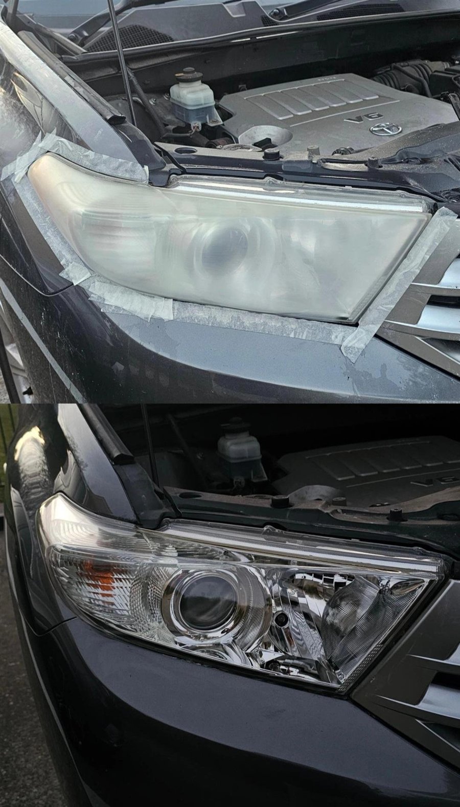 A milky white headlight masked for work, then restored to a sharp clear finish