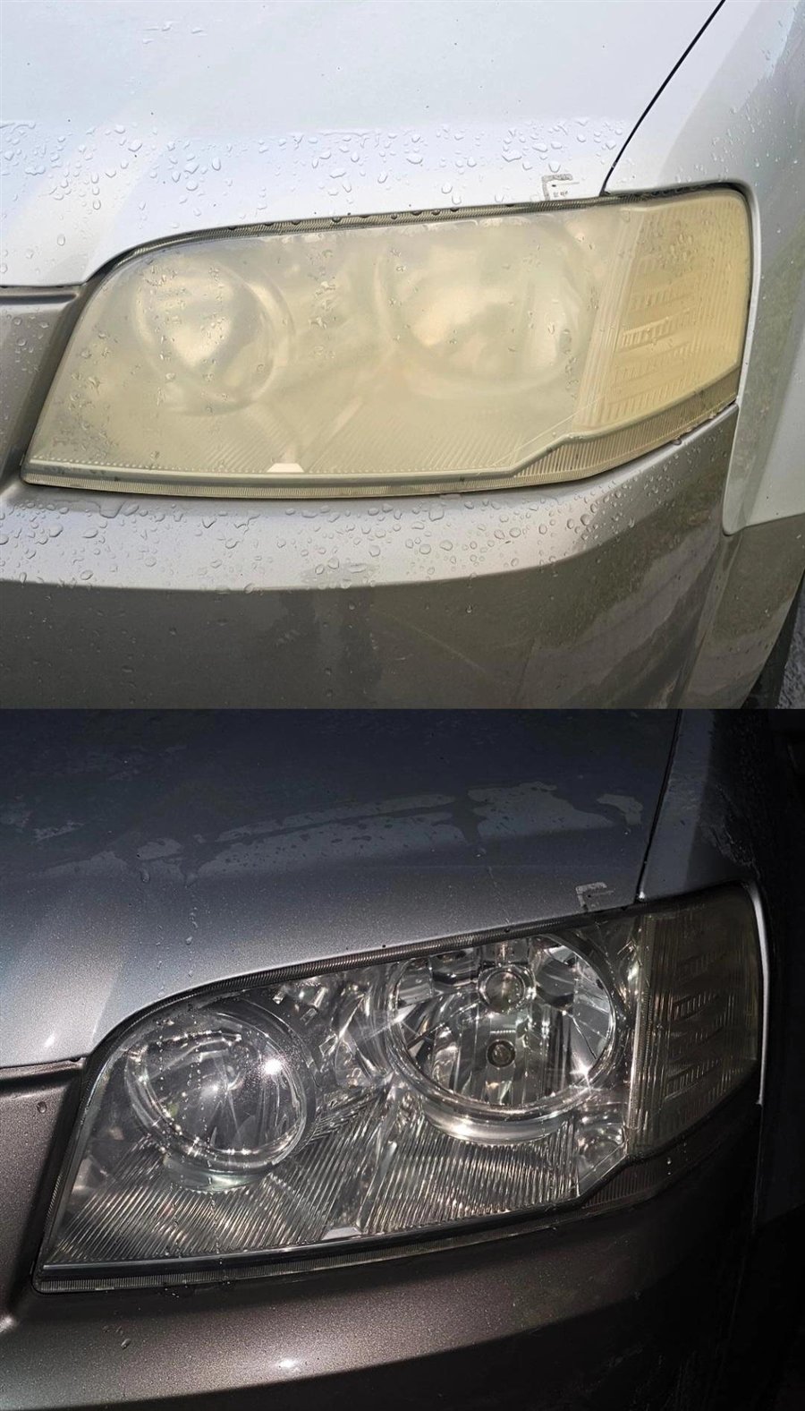 A deeply yellowed twin projector headlight restored to a crystal clear finish