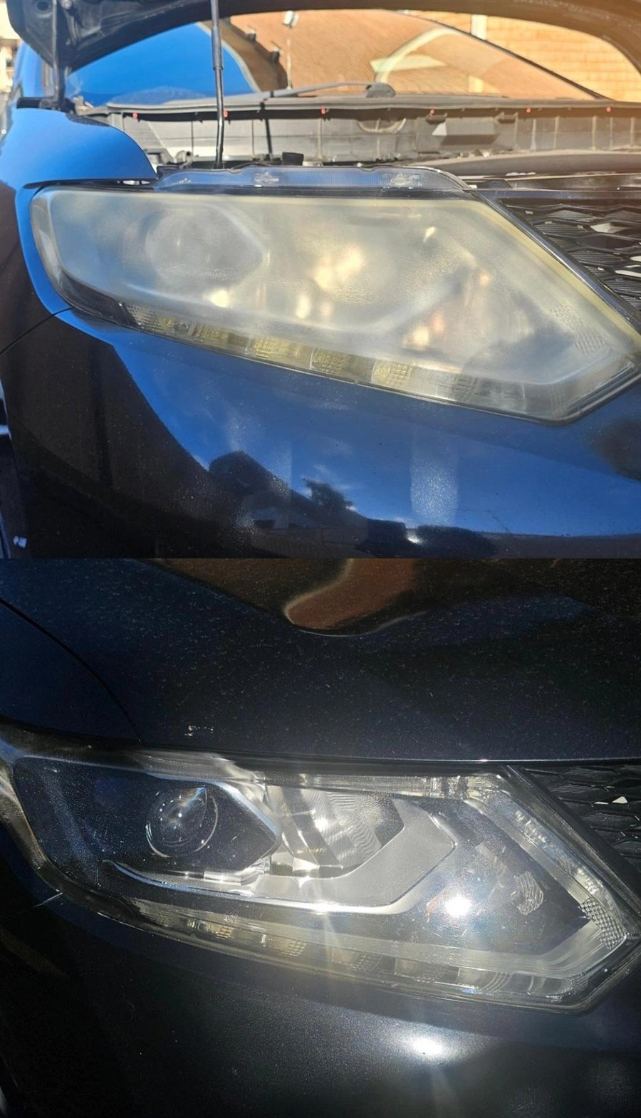 A hazy headlight on a dark wagon restored to a clean transparent finish