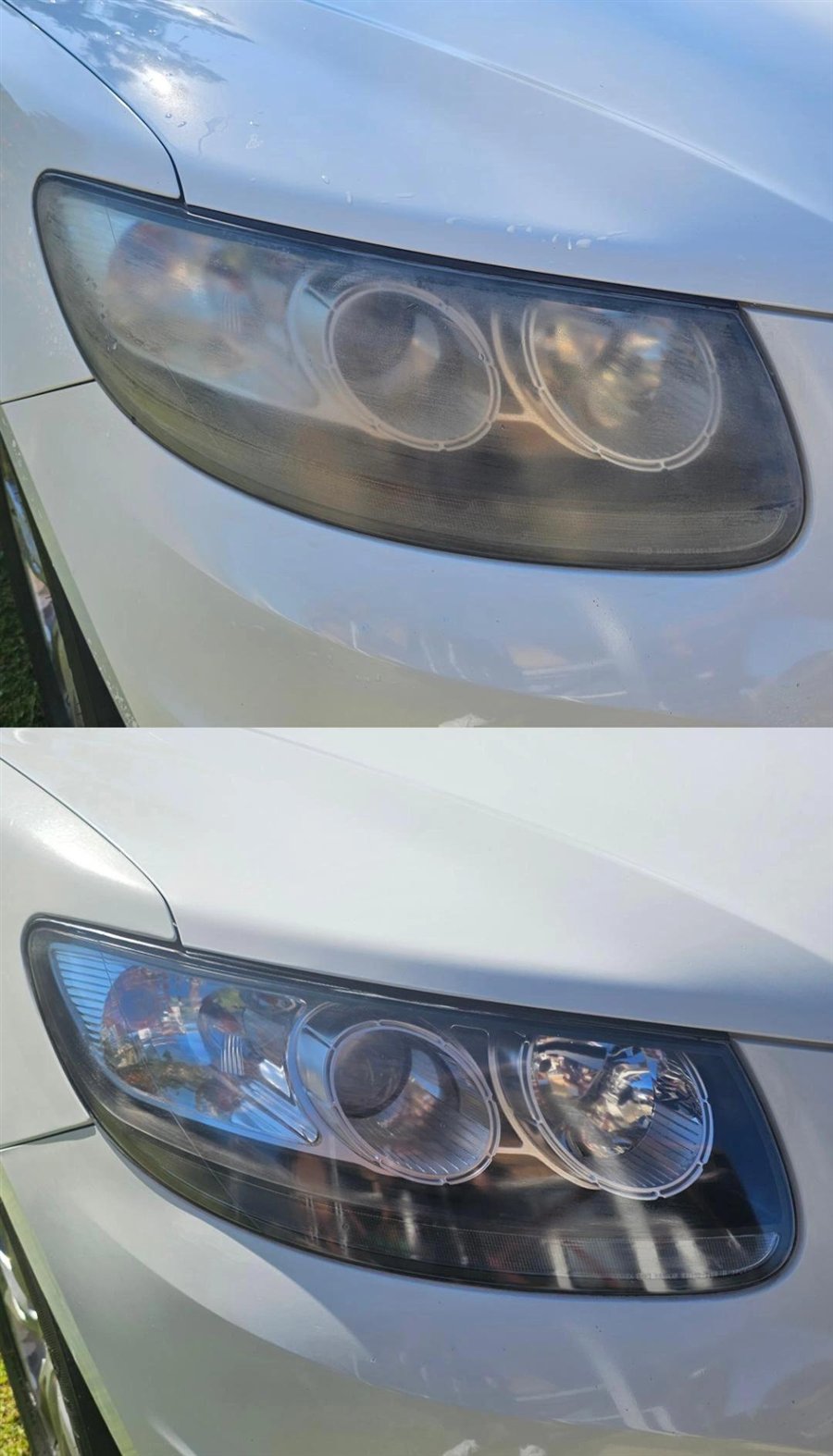 A triple projector headlight, grey and fogged before restoration and clear afterwards